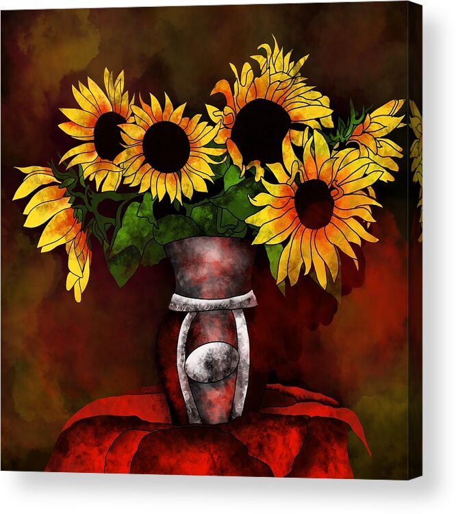 Sunflower Acrylic Print featuring the photograph Sunflowers in a vase on dark background by Patricia Piotrak