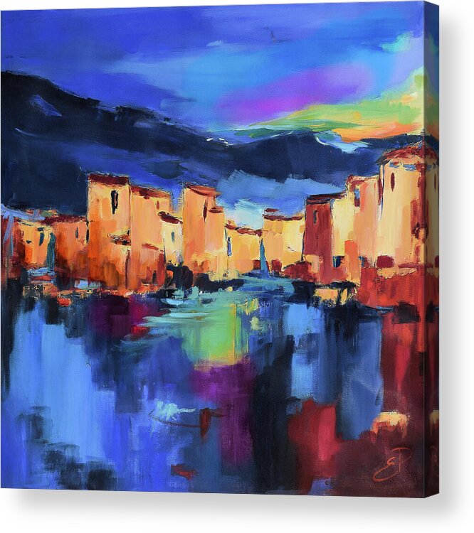 Cinque Terre Acrylic Print featuring the painting Sunset Over the Village by Elise Palmigiani