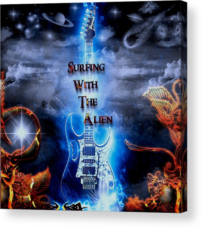Surfing With The Alien Acrylic Print featuring the digital art Surfing With The Alien by Michael Damiani
