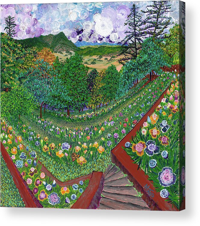 Flower Garden Acrylic Print featuring the painting Su's joyous garden by ArtStudio Mateo