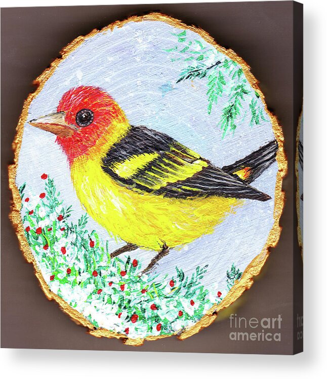 Acrylic Painting Acrylic Print featuring the painting Tanagers Ornament by Sudakshina Bhattacharya