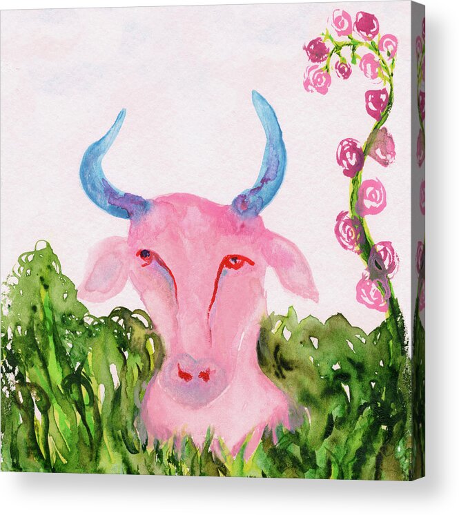 Pink Blue Taurus Bull Acrylic Print featuring the painting Taurus Zodiac Sign Bull Symbol by Anne Nordhaus-Bike
