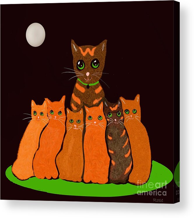 Cat Acrylic Print featuring the digital art The cat returns home with a present of six little kittens by Elaine Hayward