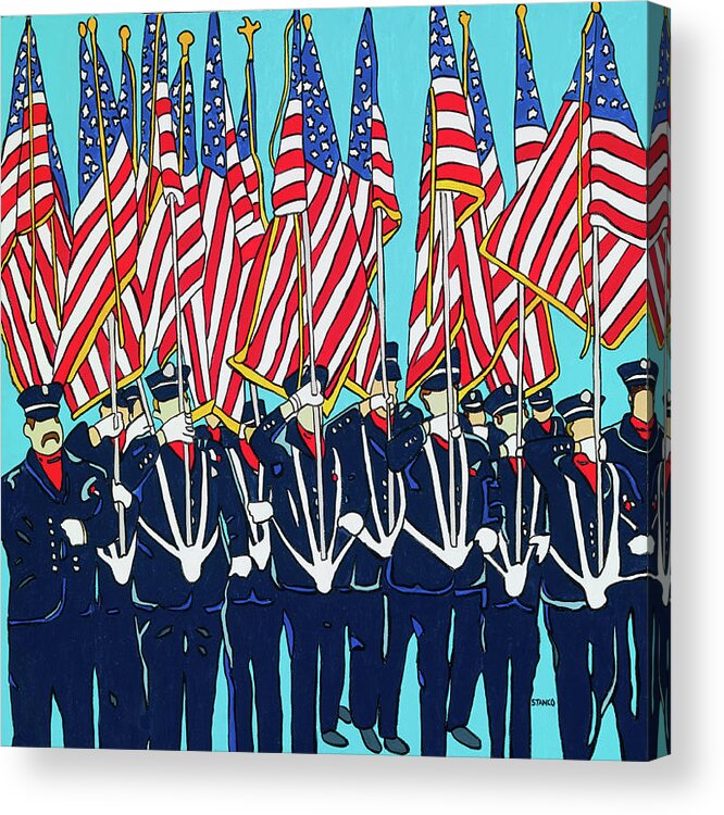 Usa Firemen Memorialday Flag America Americanflag Flags Parade Memorialdayparade Acrylic Print featuring the painting The Parade by Mike Stanko