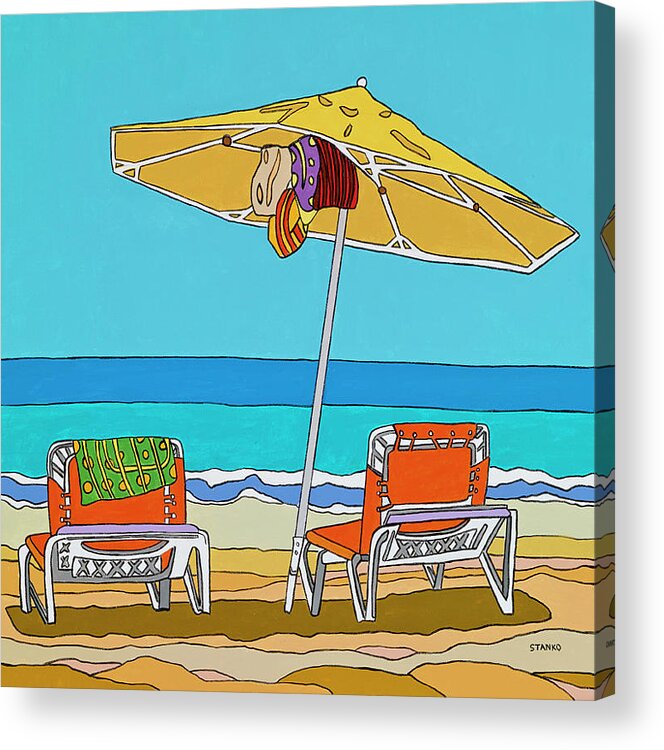 Beach Chairs Sand Ocean Water Summer Umbrella Acrylic Print featuring the painting The yellow umbrella by Mike Stanko
