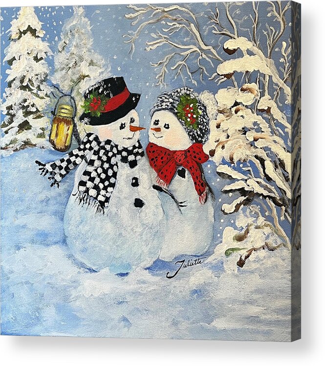 Snowman Acrylic Print featuring the painting This is a Fine Snowmance by Juliette Becker