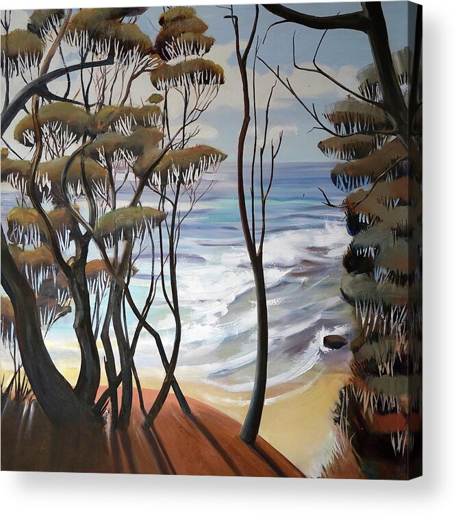 Shirley Peters Acrylic Print featuring the painting Through Trees to Coast by Shirley Peters