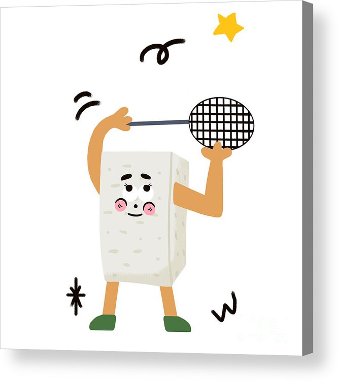 Tofu，bean Curd Acrylic Print featuring the drawing Tofu loves playing badminton by Min Fen Zhu