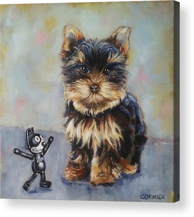 Yorkie Acrylic Print featuring the painting Toy VS Toy by Jean Cormier