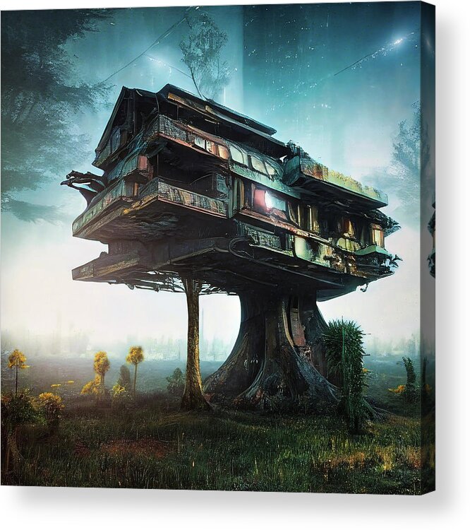 Treehouse Acrylic Print featuring the digital art Treehouse in the early morning mist by Micah Offman