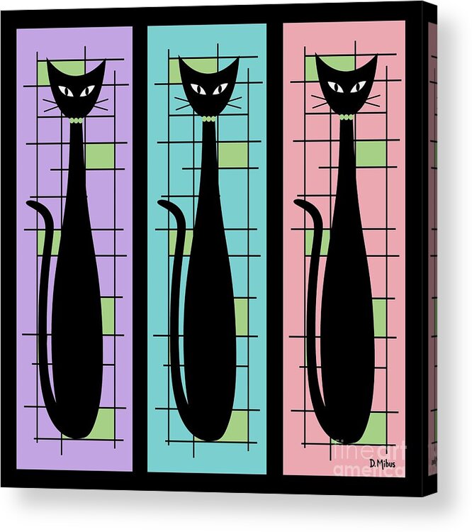 Mid Century Modern Acrylic Print featuring the digital art Trio of Cats Purple, Blue and Pink on Black by Donna Mibus