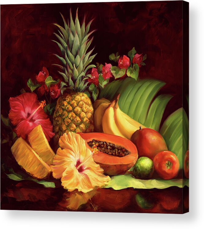 Tropical Acrylic Print featuring the painting Tropical Fruit Pineapple and Hibiscus by Laurie Snow Hein