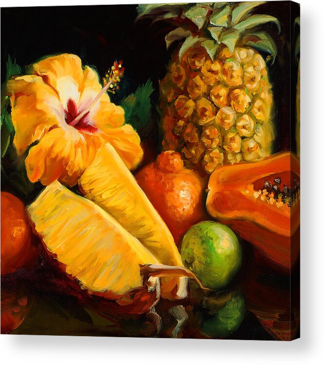 Tropical Acrylic Print featuring the painting Tropical Hibiscus with Pineapple by Laurie Snow Hein
