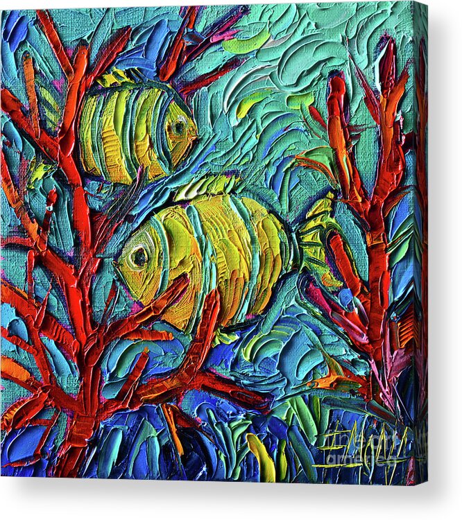 Tropical Fishes Acrylic Print featuring the painting TROPICAL YELLOW FISHES UNDERWATER palette knife oil painting Mona Edulesco by Mona Edulesco