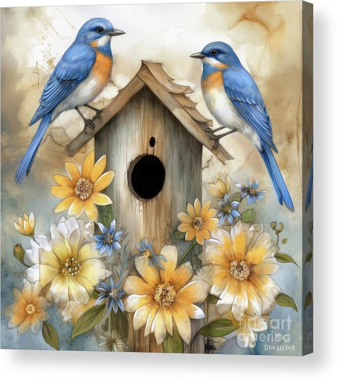 Bluebirds Acrylic Print featuring the painting Two Lovely Bluebirds by Tina LeCour