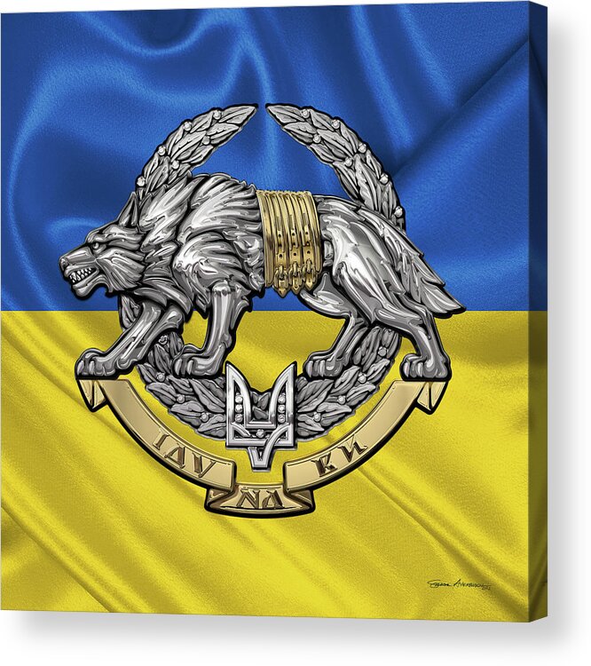 'military Insignia & Heraldry’ Collection By Serge Averbukh Acrylic Print featuring the digital art Ukrainian Special Operations Forces - SSO Emblem over Ukrainian Colors by Serge Averbukh
