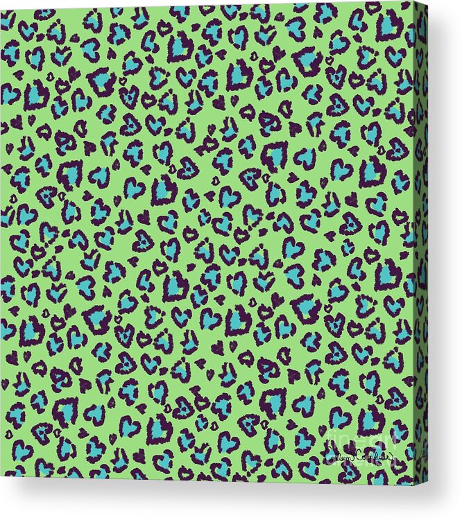 Heart Acrylic Print featuring the digital art Valentine Leopard Pattern in Blue on Green by Colleen Cornelius