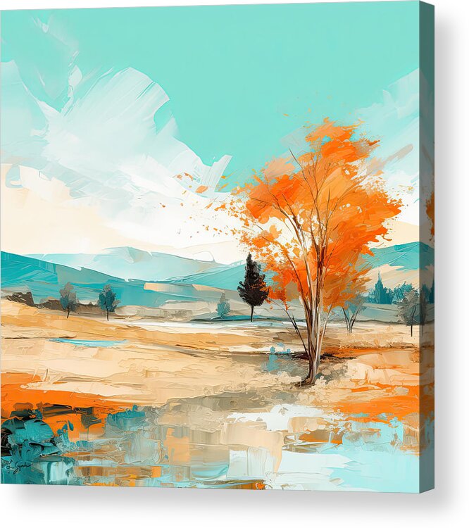 Turquoise And Orange Acrylic Print featuring the painting Vibrant Orange and Turquoise Tree by Lourry Legarde