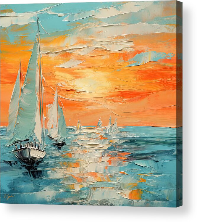 Turquoise And Orange Acrylic Print featuring the digital art Vibrant Sunset Sailboats by Lourry Legarde