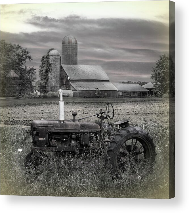 Barns Acrylic Print featuring the photograph Vintage Tractor at the Country Farm by Debra and Dave Vanderlaan