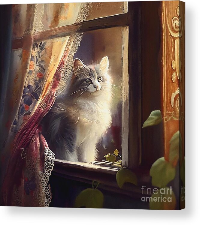 Cat Acrylic Print featuring the mixed media Wait by Binka Kirova