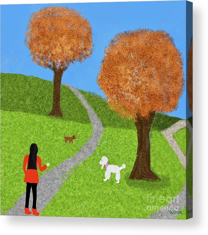 Woman Acrylic Print featuring the digital art Walking the dogs in autumn by Elaine Hayward