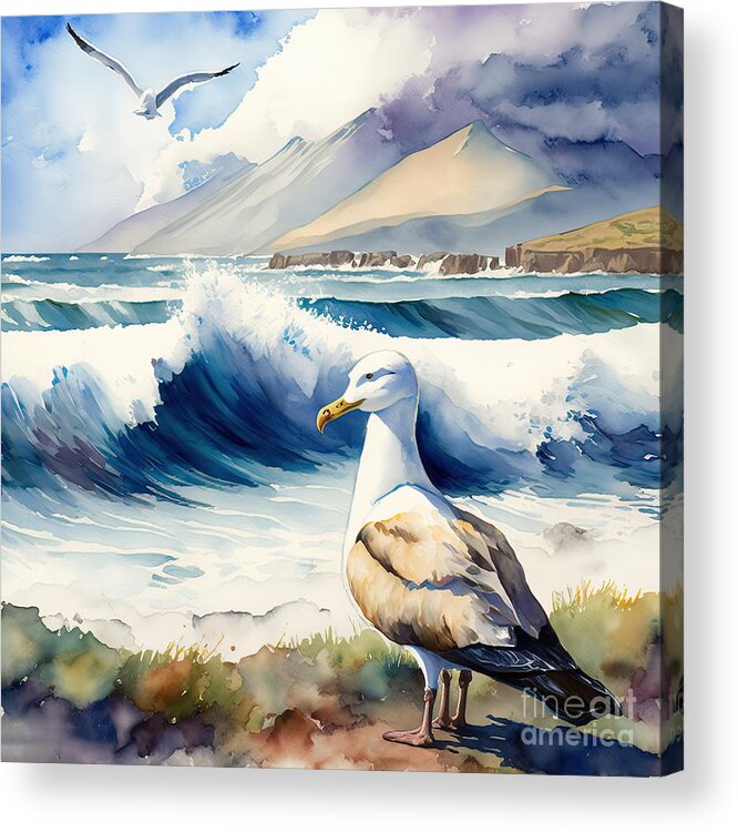 Albatross Acrylic Print featuring the painting watercolor Albatross at beach by N Akkash