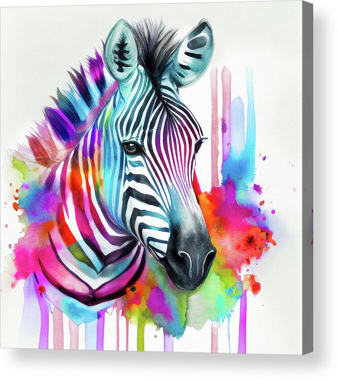 Zebra Acrylic Print featuring the digital art Watercolor Animal 10 Zebra Portrait by Matthias Hauser