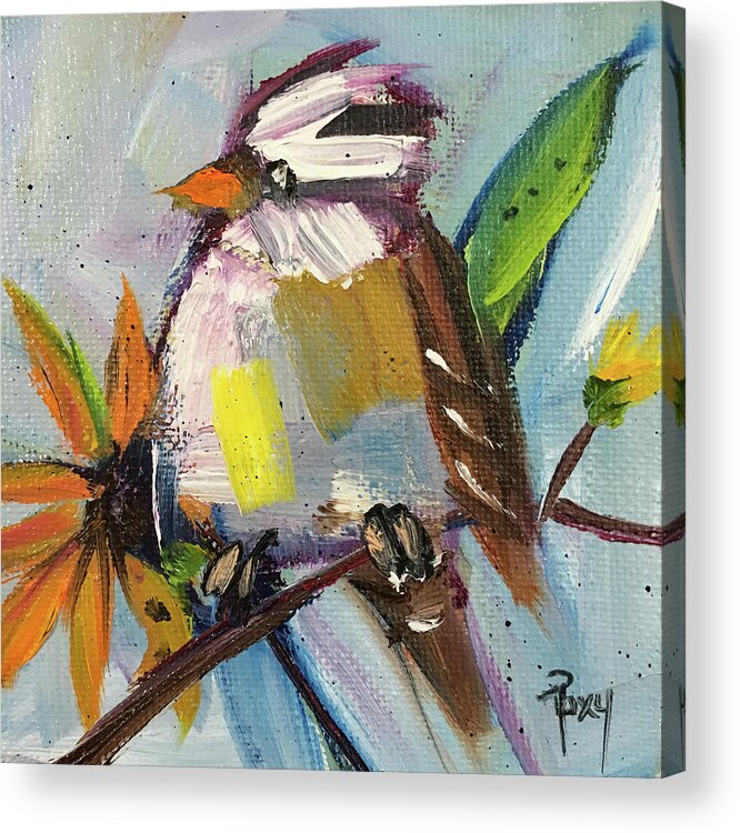 Sparrow Acrylic Print featuring the painting White Crowned Sparrow on a Sunflower by Roxy Rich