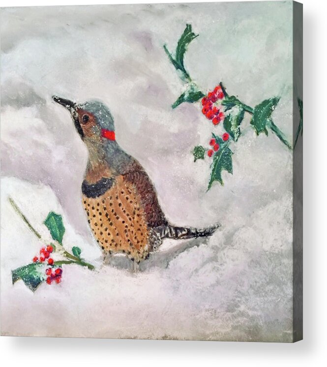 This Is One Of A Series Of Three Winter Birds Acrylic Print featuring the painting Winter Flicker by Harriett Masterson