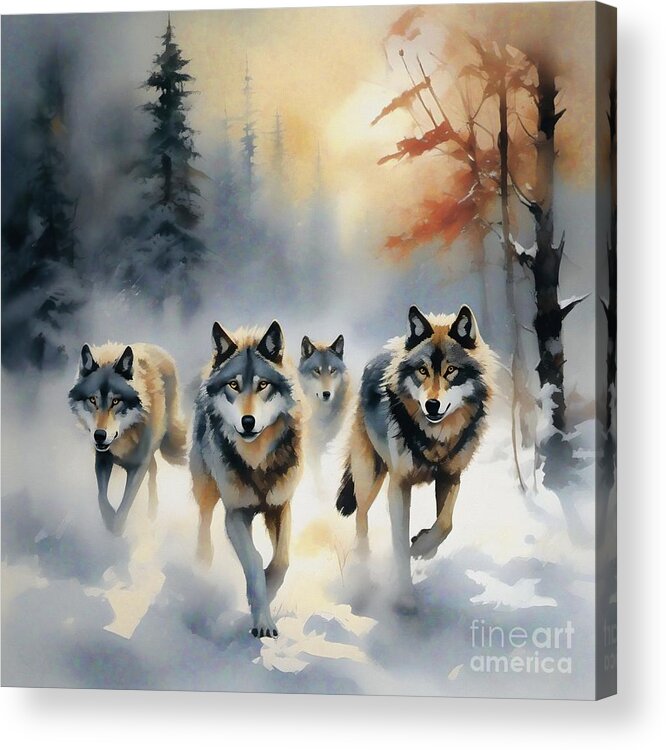 Animals Acrylic Print featuring the digital art Winter Wolf Pack - 02461 by Philip Preston