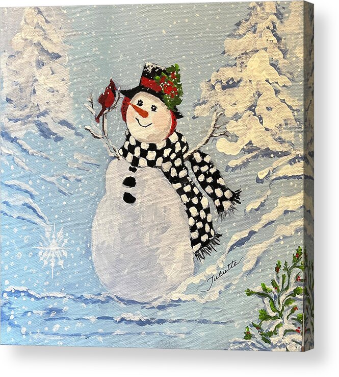 Snowman Acrylic Print featuring the painting Winter Wonderland by Juliette Becker