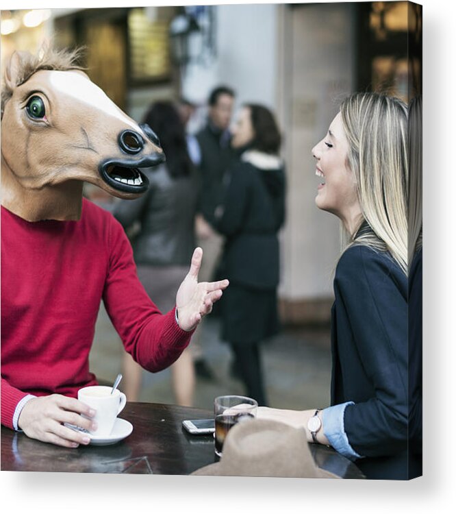 Horse Acrylic Print featuring the photograph Woman and horse face man with costume drinking coffee in bar terrace and talking having fun by Antonio Garcia Recena