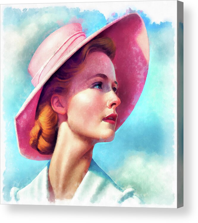 Woman Acrylic Print featuring the painting Woman Portrait 18 Pink Hat and Blue Sky by Matthias Hauser