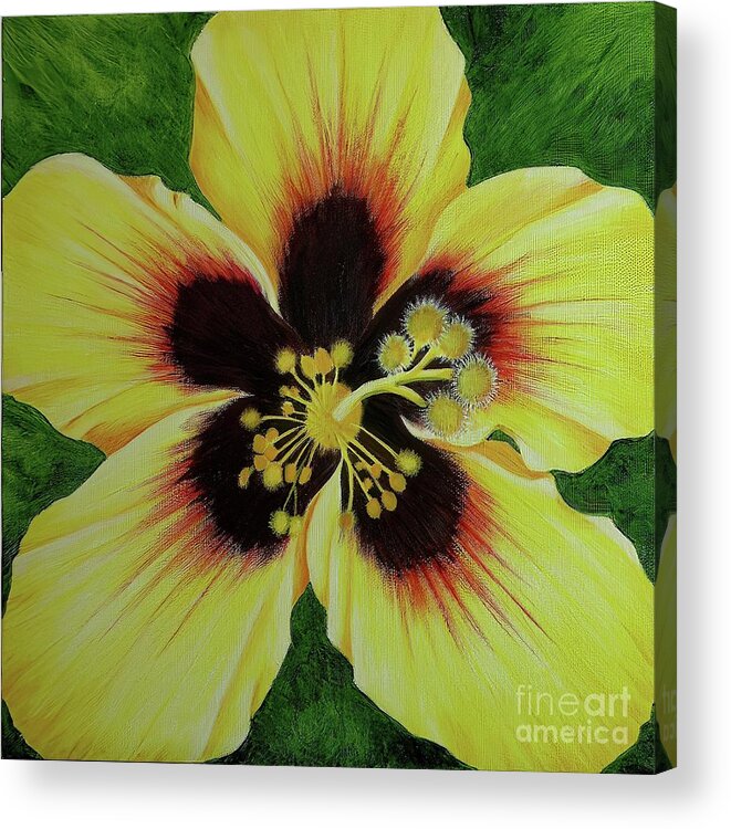 Yellow Flowers Acrylic Print featuring the painting Yellow Hibiscus Macro by Mary Deal