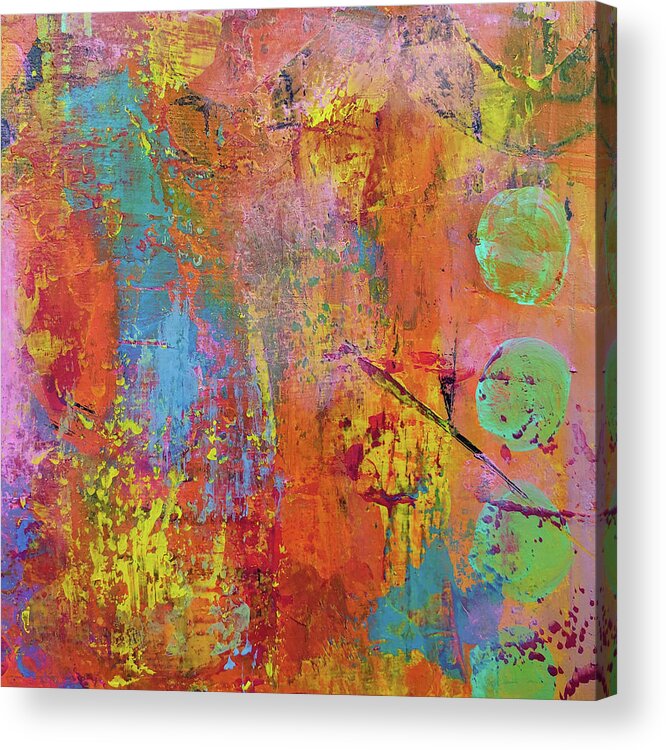Bright Acrylic Print featuring the painting YOSEMITE Abstract Painting Red Orange Yellow Blue Green Pink by Lynnie Lang
