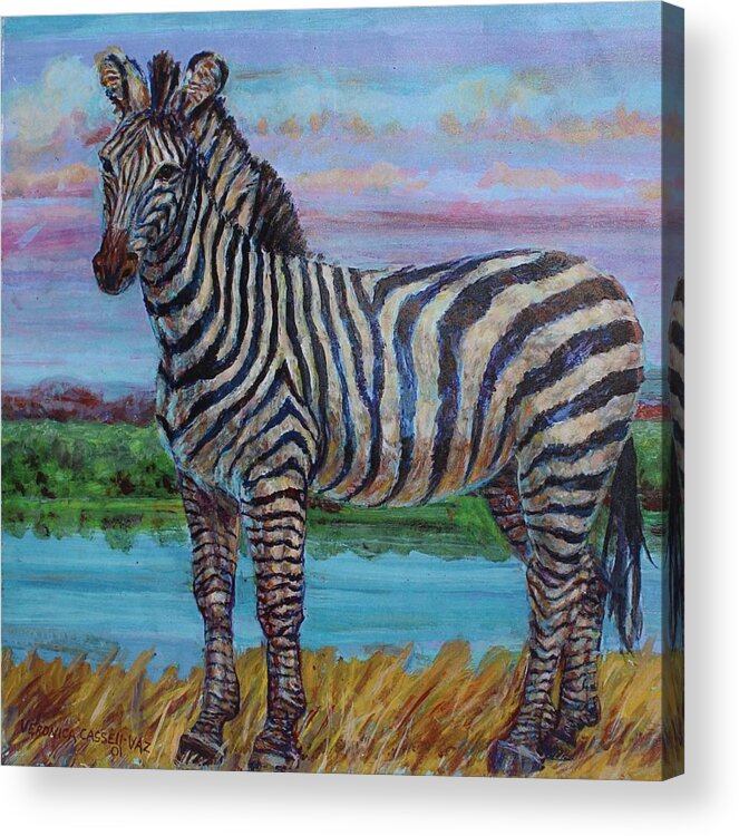 Animal Acrylic Print featuring the painting Zebra At The Waterhole by Veronica Cassell vaz