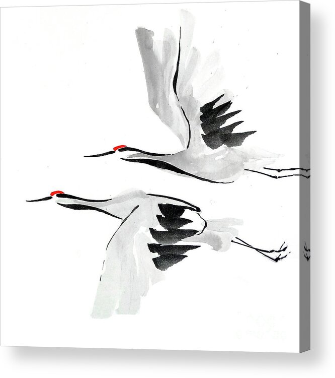 Original Watercolors Acrylic Print featuring the painting Zen Crane II by Chris Paschke