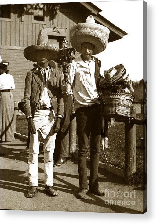 Mexico Acrylic Print featuring the photograph Hat sellers Silao Mexico circa 1902 #1 by Monterey County Historical Society