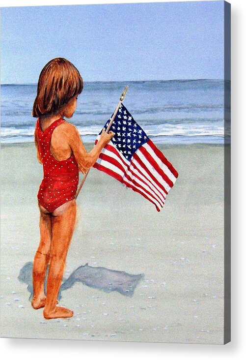 Little Girl And Flag Acrylic Print featuring the painting 4th of July by Haldy Gifford