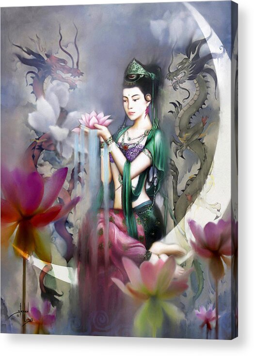 Spiritual Acrylic Print featuring the digital art Kuan Yin Lotus of Healing by Stephen Lucas