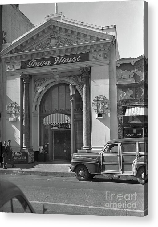 Woody Acrylic Print featuring the photograph Town House and Woody Station Wagon, Alvarado Street - Monterey 1948 by Monterey County Historical Society