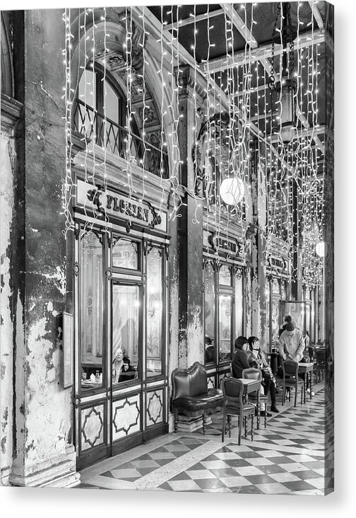 Venice Acrylic Print featuring the photograph Caffe Florian Venice in Black and White by Georgia Clare
