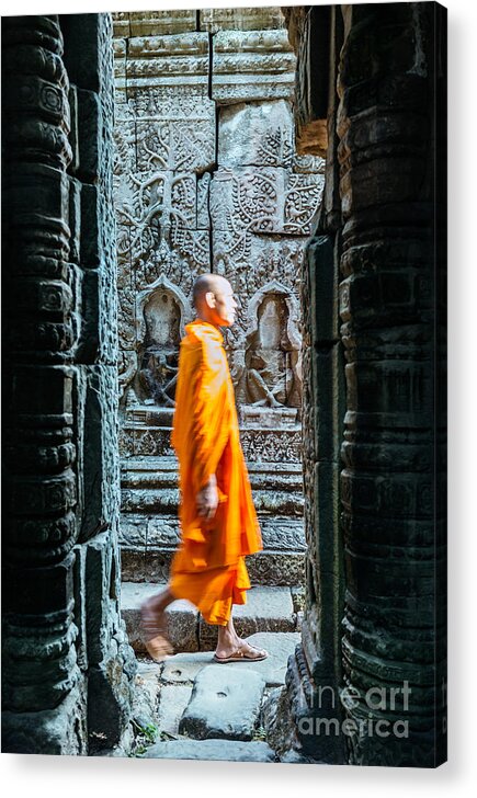 Monk Acrylic Print featuring the photograph Monk walking inside Angkor Wat temples - Cambodia by Matteo Colombo