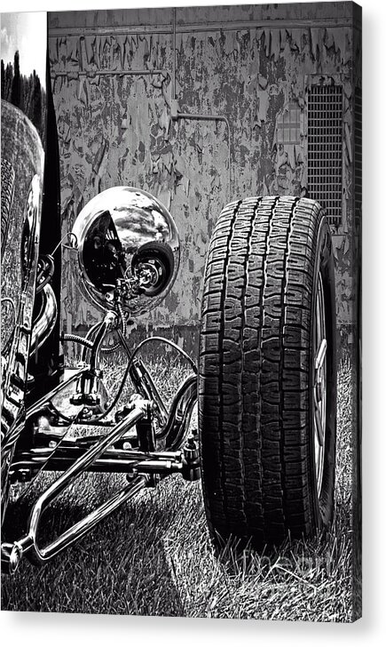 Hotrod Car Transportation Classic Black & White Old Chrome Reflection Steel Wheels Photograph Acrylic Print featuring the photograph Steel On Wheels by Adam Olsen