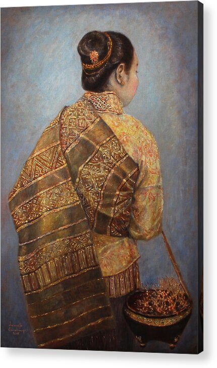 Lao Traditional Dress Acrylic Print featuring the painting Morning Glow by Sompaseuth Chounlamany