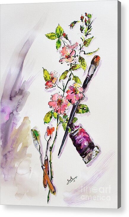 Still Life Acrylic Print featuring the painting Still Life with Roses and Artist Tools by Ginette Callaway