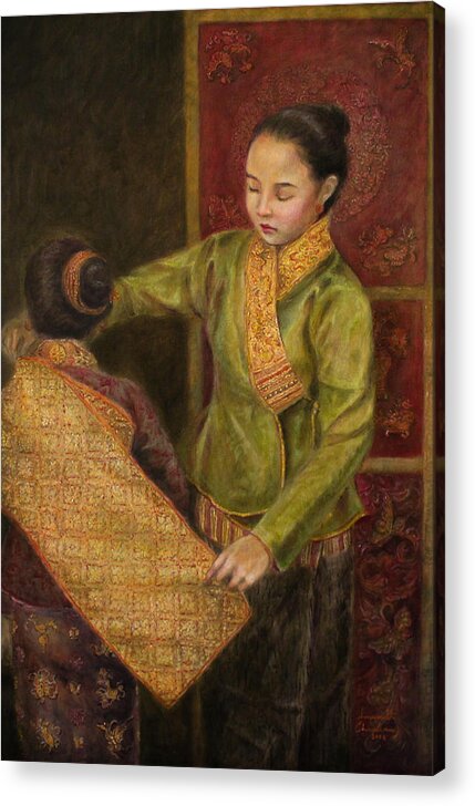 Lao Textile Acrylic Print featuring the painting The Gold Brocade by Sompaseuth Chounlamany