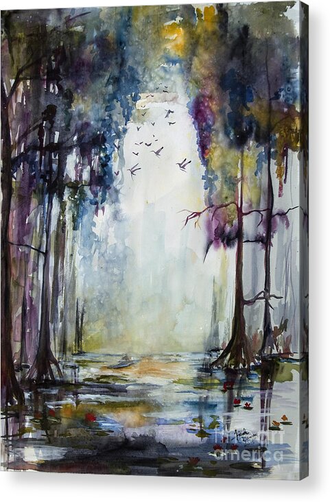 Landscape Acrylic Print featuring the painting Wetland Morning Trees Water and Birds by Ginette Callaway