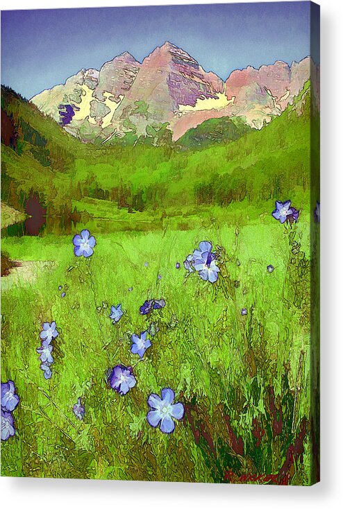 Maroon Bells Acrylic Print featuring the digital art Mountain Flowersketch by Rick Wicker